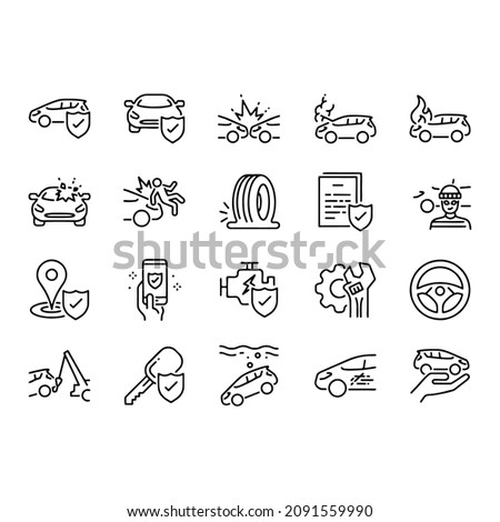 Car Accident And Insurance Line Icons