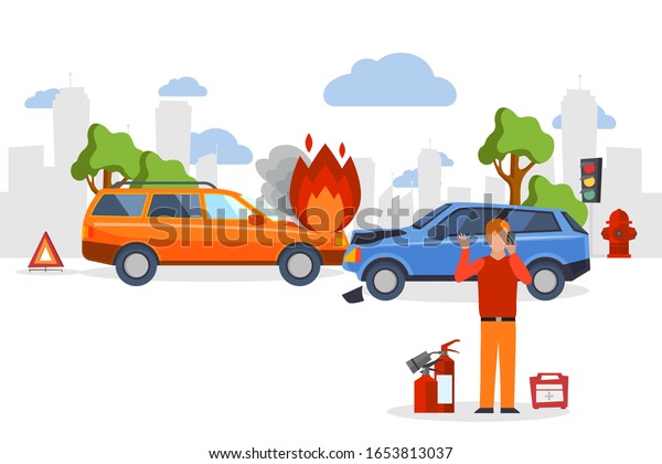Car accident insurance, road crash in flat cartoon\
style, man calling for emergency help, vector illustration. Road\
accident, car collision insurance, people in emergency traffic\
situation call help