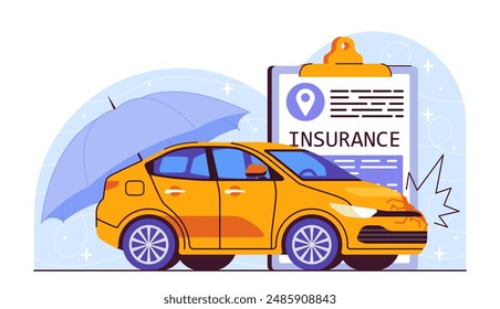 Car accident insurance. Yellow auto near insurnce document and agreement. Financial deals and contracts. Transport protection. Cartoon vector illustration isolated on white background