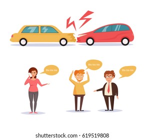 Car accident. Isolated art on white background. Vector. Cartoon. Flat. Woman talking on the phone, men shout.