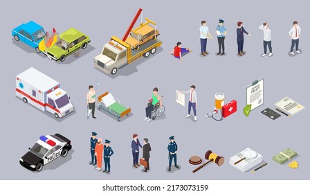 Car accident isometric vector set of icons. Injured people character, insurance agent, paramedics providing first aid and evacuator transportation, police, ambulance, crashed vehicle
