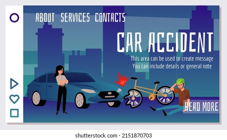 Car accident landing page with car hit cyclist on bicycle, flat vector illustration. Traffic collision with woman driver and injured man.