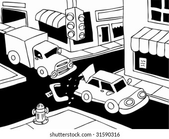 Car Accident Line Art: Truck read ends a car on the street.