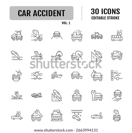 Car accident Line Editable Icon set. Editable stroke. Vector illustration