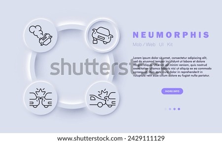 Car accident line icon. Multi-vehicle pileup, highway, tree, collision, tire burst, ramp, slope. Neomorphism style. Vector line icon for business and advertising
