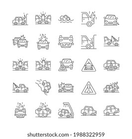 Car Accident line Icons. Car fire, side collision, evacuation, frontal collision, broken car, damaged elements, upside-down car, tyre puncture. Set of outline vector illustrations
