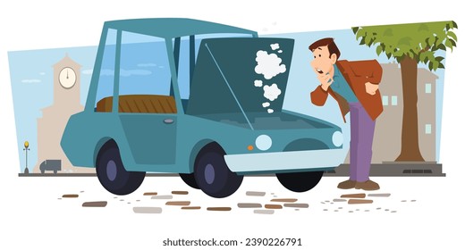 Car accident. Man fixing auto. Male and repair automobile. Funny people. Illustration concept template for website, web landing page, banner, social or print media.