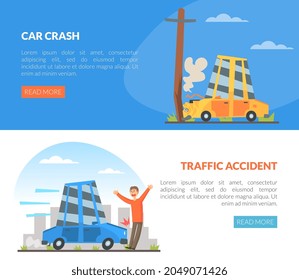 Car Accident With Motor Vehicle Colliding With Pedestrian And Pole Vector Illustration