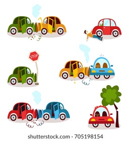 Car Accident, Motor Vehicle Collision, Fender Bender Set, Cartoon Vector Illustration Isolated On White Background. Front, Side And Rear Collision, Car Crash, Road Accident, Cartoon Style Set