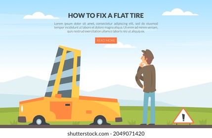 Car Accident With Motor Vehicle Having Tires Blowout Vector Web Page Template