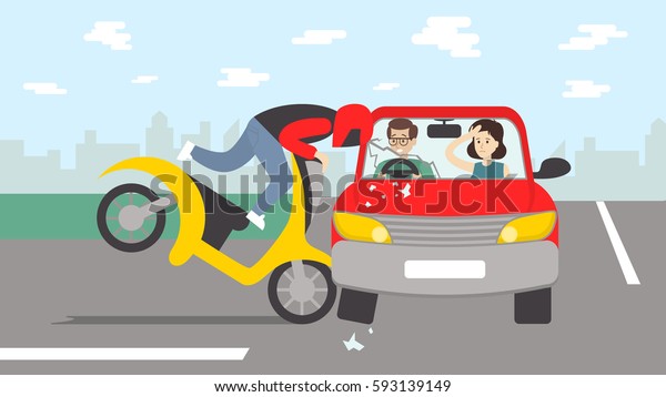 Car accident with motorbike. Dangerous\
crash on the road. Motorcycle driver in\
helmet.