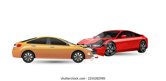 Car accident, not safe driving concept icon image isolated on white background. Red sport car hit in orange car. Broken vehicle with crash of bonnet, bumper and smoke from engine. Vector illustration