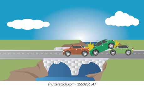 Car Accident On A Bridge With Asphalt Road In Rural Areas.