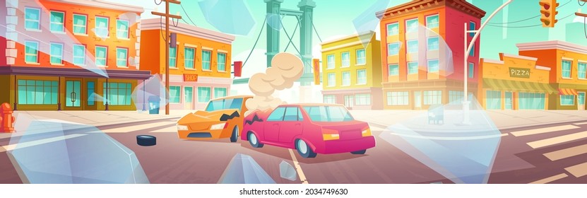 Car accident on crossroad of city street. Vector cartoon illustration of auto crash. Cityscape with buildings, road, broken vehicles after collision and glass shards