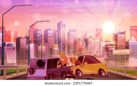 Car accident on highway against cityscape background. Vector cartoon illustration of two crashed autos on road after collision, fire and smoke under damaged hood, broken glass, vehicle insurance