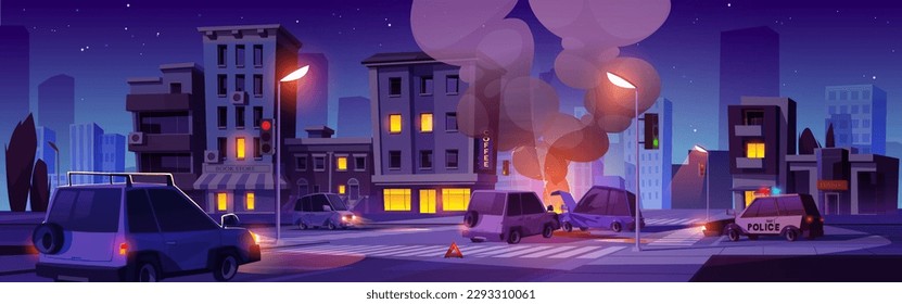 Car accident on night city road cartoon illustration. Drive crash with hood damage. Intersection with two vehicle danger collision. Highway with broken transport scene. Police automobile in town