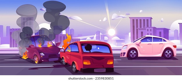 Car accident on road in city - head-on collision between two automobiles on street with town skyline. Damaged vehicles with fire and smoke. Cartoon vector illustration of unprotected auto driving.