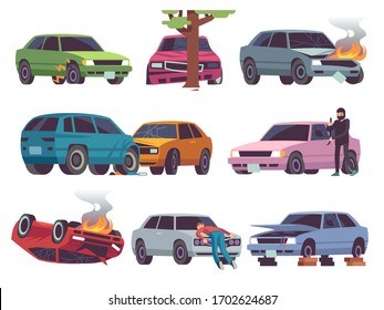 Car accident on road. Different vehicle accidents, damaged cars. Autocrash, traffic collision, insurance claim broken auto damage vector set