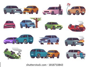 Car accident on road. Different vehicle accidents, damaged cars, auto crash with fire, traffic collision, insurance claim, broken and damage auto, drivers conflict flat cartoon isolated vector set