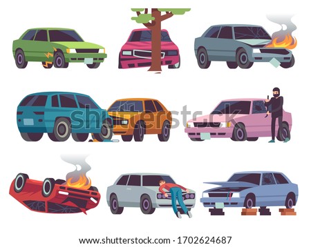 Car accident on road. Different vehicle accidents, damaged cars. Autocrash, traffic collision, insurance claim broken auto damage vector set