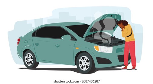 Car Accident on Road, Displeased Driver Female Character Stand on Roadside with Broken Automobile, Open Hood and Steam, City Traffic Situation with Auto Breaking. Cartoon People Vector Illustration