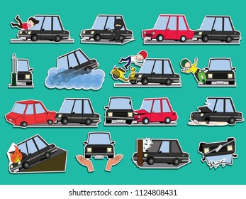 Car of accident on the road. Funny cute flat vector illustration.
