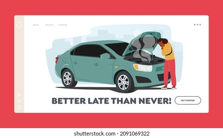Plantilla de la página de accidentes de tráfico en la ruta de aterrizaje. Carácter femenino disgustado de controlador en la carretera con automóvil roto, manguera abierta y vapor, escena de rotura automática. Ilustración de vectores de personas de caricatura