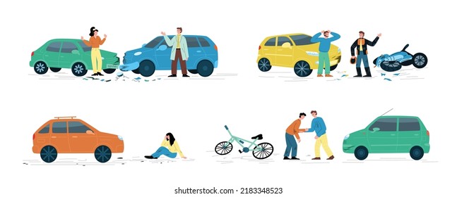 Accidente automovilístico en la carretera con motocicleta, bicicleta y peatón, ilustración plana vectorial aislada en fondo blanco. Un conjunto de accidentes de auto con gente discutiendo y ayudándose entre ellos.