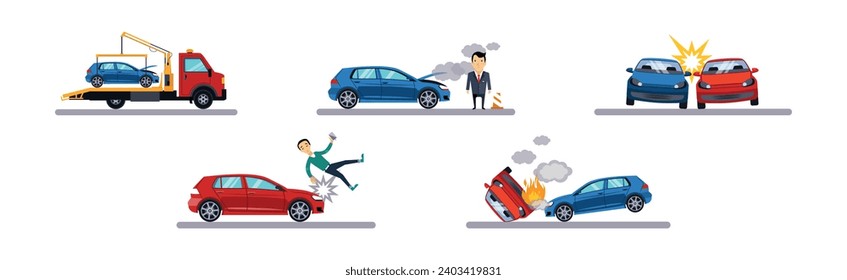 Car Accident on the Road and Traffic Incident Vector Set