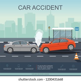 Car Accident on the road. Transporation Infographic.  Banner Flat Vector Illustration