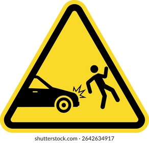 Car accident pedestrian warning sign. Black on yellow background. Safety signs and symbols.