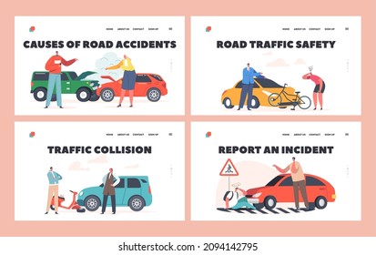 Car Accident with People on Road Landing Page Template Set. Broken Automobile with Fire and Steam, Car Bump into Scooter or Bicycle on the Way. Driver Hit Pedestrian. Cartoon Vector Illustration