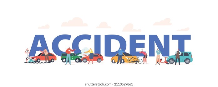 Car Accident with People on Road Concept. Broken Automobiles with Steam, Car Bump into Scooter, Sedan Bump into Bicycle and Pedestrian Poster, Banner or Flyer. Cartoon People Vector Illustration