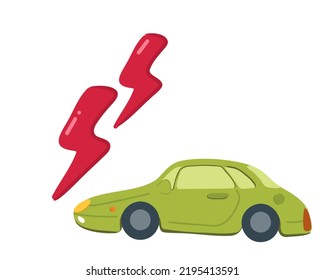 
Car Accident. Profile Of Green Or Light Green Cartoon Car With Electric Lightning. Hatchback Car Side View. Vector Illustration Isolated On White Background