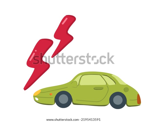 \
Car accident. Profile of green or\
light green cartoon car with electric lightning. Hatchback car side\
view. Vector illustration isolated on white\
background