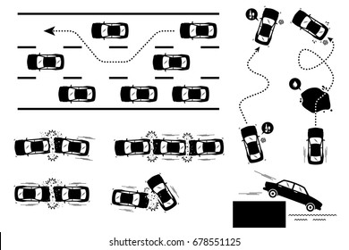 Car Accident and Reckless Driving. Illustrations depict car driver overtaking with speed, alcohol influence, skidding on slippery road, and plunge. Car crashes involve knocking front, back, and side.
