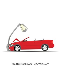 Car accident. The red car crashed into a lamp post. Flat vector illustration.