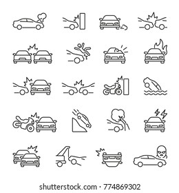 Car Accident related icons: thin vector icon set, black and white kit