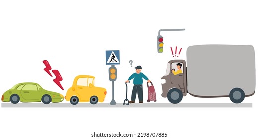 Car accident. Road rage. An aggressive or angry male driver yells at an elderly man who is crossing the road. Pedestrian crossing. Vector illustration. Copy space