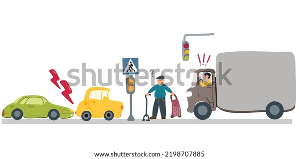 Car accident. Road rage. An\
aggressive or angry male driver yells at an elderly man who is\
crossing the road. Pedestrian crossing. Vector illustration. Copy\
space