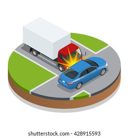 Car Accident.  Accident Road Situation Truck And Sedan Car.  Flat  3d Vector Isometric Illustration.