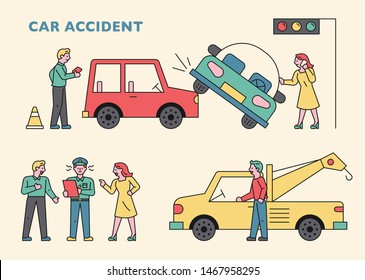 Car accident scene. Tow vehicle insurance company employee. flat design style minimal vector illustration.