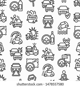 Car accident seamless pattern with thin line icons: crashed cars, tow truck, drunk driving, safety belt, traffic offense, car insurance, falling in water, warning triangle. Modern vector illustration.