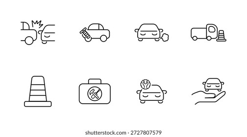 Icono de conjunto de accidente de coche. Colisión, daño, mecánico, humo, grúa, cono, caja de herramientas, diagnóstico, seguro, carretera, reparación, roto, choque, Asistencia, ayuda