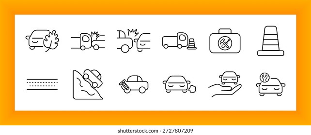 Icono de conjunto de accidente de coche. Se muestran los accidentes, colisiones, reparaciones, conos, caja de herramientas, terreno, diagnósticos, humo, impacto lateral y peligros viales con los contornos del vehículo.
