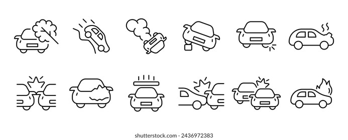 Icono de accidente de coche. Un accidente, un árbol caído, un auto choca en un costado, atrás, a los lados. Una llanta rota, el motor se recalienta, el fuego se cae. Concepto de accidente de coche. Icono de línea vectorial sobre fondo blanco.