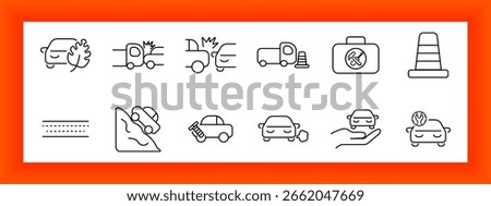 Car accident set icon. Includes burning, crash, rear-end collision, truck with cone, toolbox, cone, road lines, falling, repair tool, exhaust, car with gear