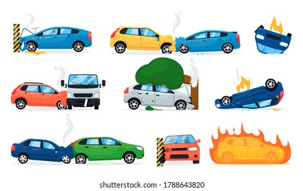 Accidente automovilístico. Colección de iconos de choque de coches de dibujos animados aislados. Accidentes de transporte por carretera, colisión de autos, vehículo en llamas. Ilustración de seguridad del transporte de vectores