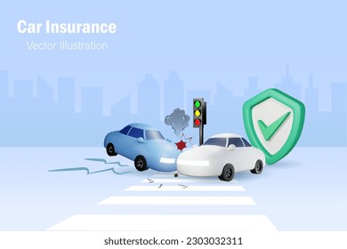 Car accident with shield insurance protection. Crashing cars on street at traffic light. Car accident and insurance concept. 3D vector.