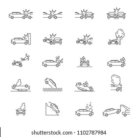 Car Accident Signs Black Thin Line Icon Set Include Of Collision, Damage, Pedestrian And Breaking. Vector Illustration Of Icons